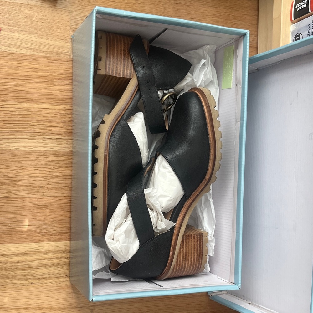 Seychelles Black Leather Mules with Wooden Heel